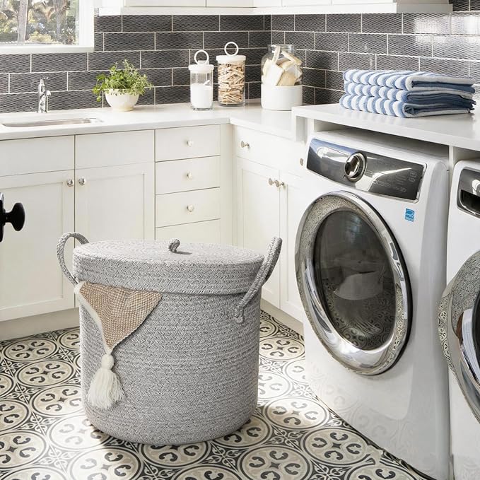 15”x13” Storage Basket with Lid, Blanket Storage for Living Room, Woven Cotton Rope Bin with Cover, Kids Dog Toy Box, Baby Laundry Basket with Lid, Covered Blankets Pillows Holder, Gray - Image 5
