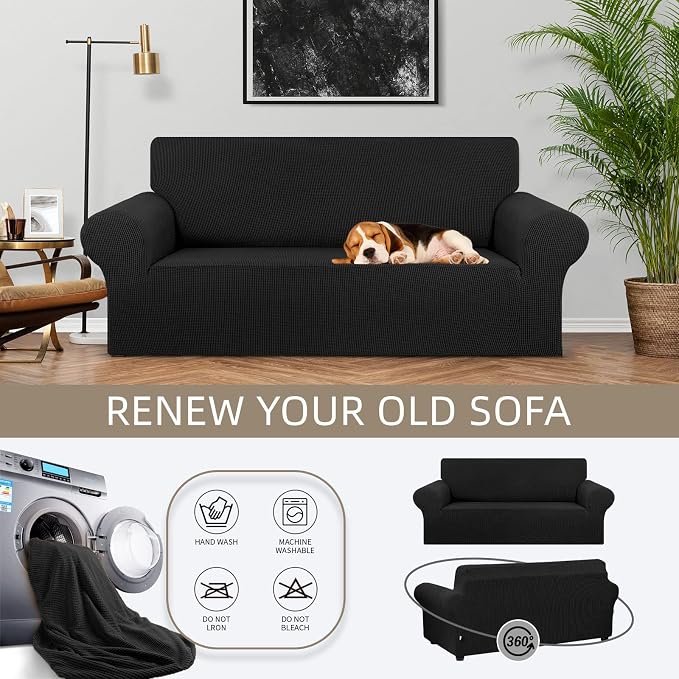KEKUOU Stretch Loveseat Couch Cover, 2 Cushion Couch Slipcover,Black | 1-Piece Washable Sofa Cover Pet Friendly (55"-78") Furniture Protector Soft Jacquard, Elastic Bottom for Dogs & Kids - Image 3