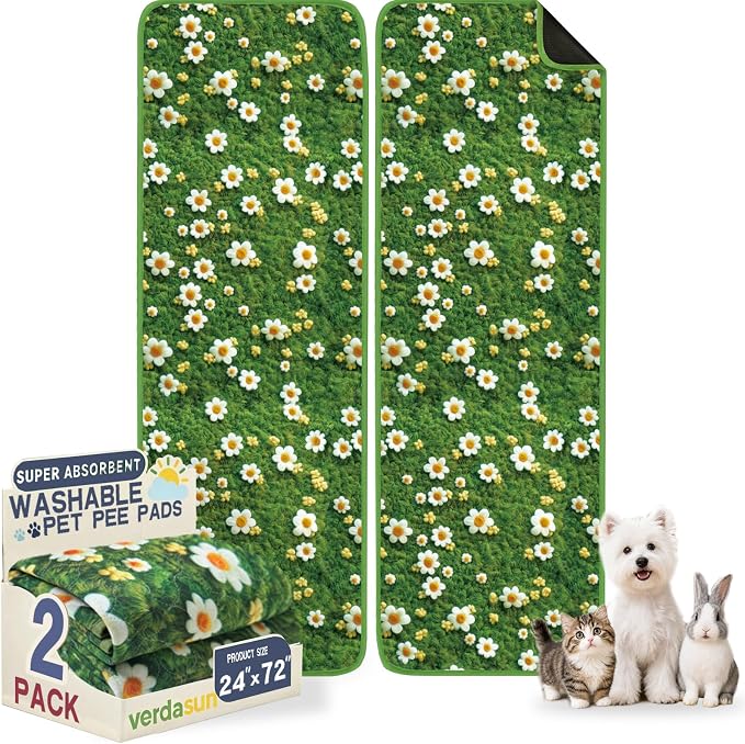 Washable Pee Pads for Dogs 24"x72" 2 Pack Reusable Puppy Potty Pad | Super Absorbent Waterproof NonSlip LeakProof Crate&Playpen Floor Mat for Cats, Rabbits, Guinea Pigs, Whelping & Housebreaking by Verdasun