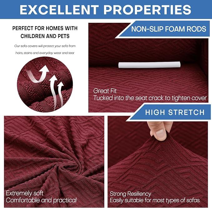 XINEAGE Stretch Jacquard Loveseat Cover, Non Slip Sofa Slipcover for Dog | High-Stretch Fabric. Wear-Resistant, Pet Friendly. Easy Install & Washable for Living Rooms, Offices.Wine Red - Image 5