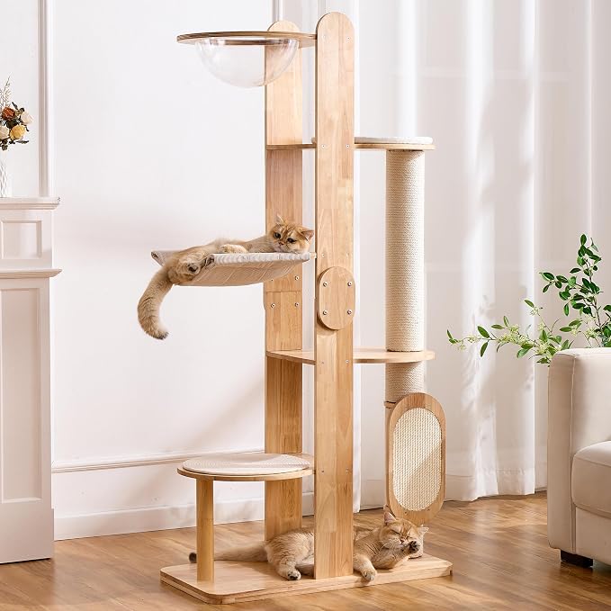 Solid Wood Cat Tree Tower with Scratching Post, 64 Inches Tall Cat Towers with Scratching Board, Modern Cat Tower with Space Capsule and Removable Top Bed for Indoor Cats by HITTITE
