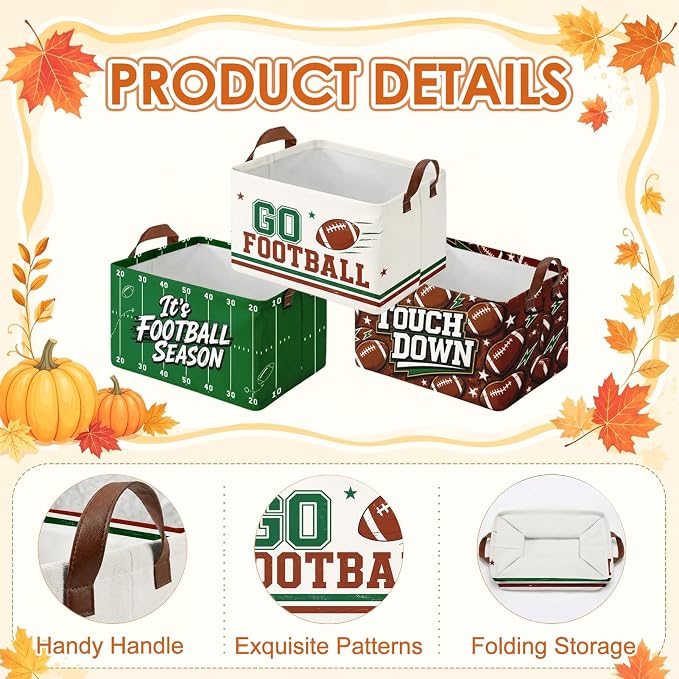 Britimes Football Storage Baskets for Gift, Toy Storage Bins Box,3Pcs Fall | Game Day Canvas Collapsible Baskets Organizer with Handles Football Nursery Decor Laundry Basket for Shelves Closet - Image 4