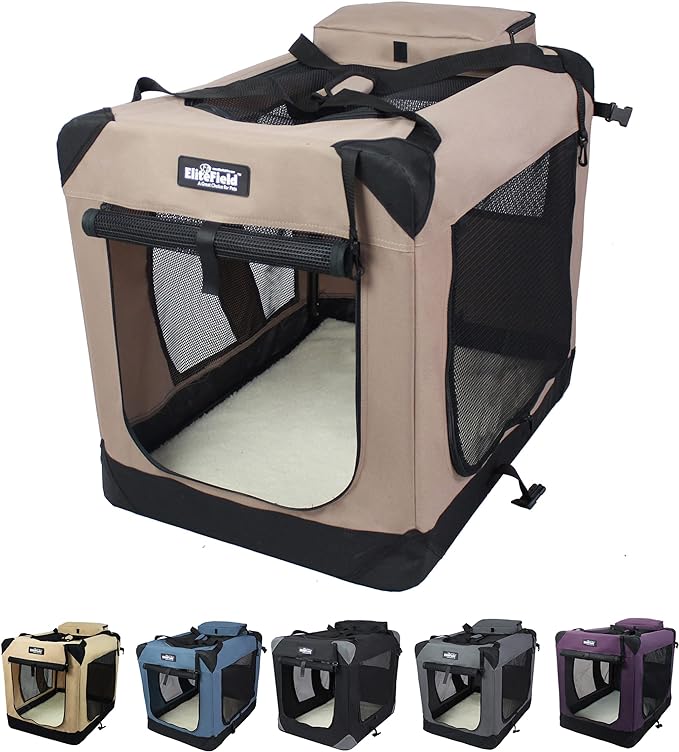 EliteField 3-Door Soft Dog Crate with Bed & Carrying Bag (2-Year Warranty) | 3 Mesh Doors, Steel Frame, Removable & Washable Crate Cover and Bed Cover, Storage Pockets, Indoor/Outdoor, Foldable by EliteField