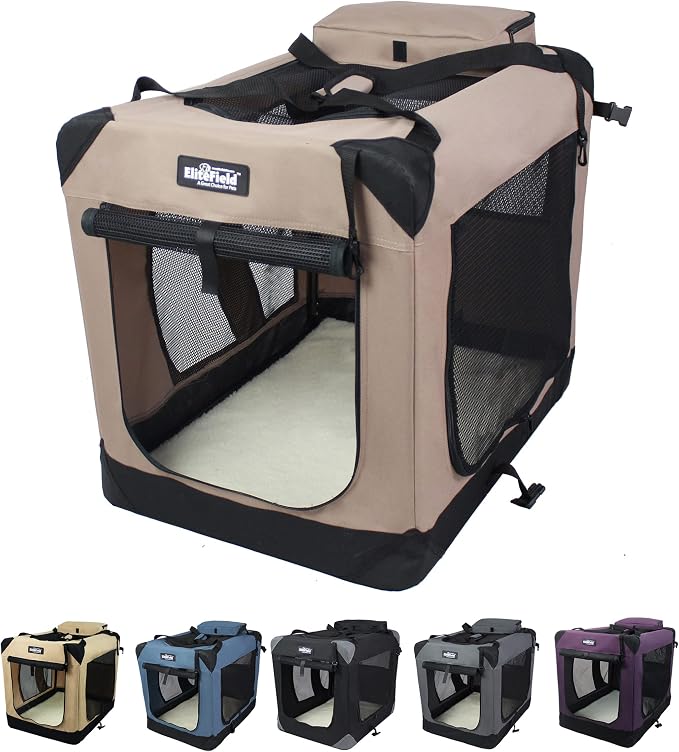 EliteField 3-Door Soft Dog Crate with Bed & Carrying Bag (2-Year Warranty) | 3 Mesh Doors, Steel Frame, Removable & Washable Crate Cover and Bed Cover, Storage Pockets, Indoor/Outdoor, Foldable by EliteField