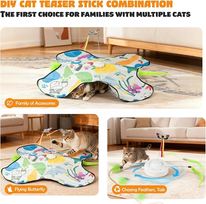 Interactive Cat Toys Rechargeable for 4 in 1 Hide and Seek Game, Moving Concealed Wand Feathers, Real Mouse Squeaky, Durable Exercise Toys for Indoor Cats for Bored Adult Cats Wand Toy - Image 3