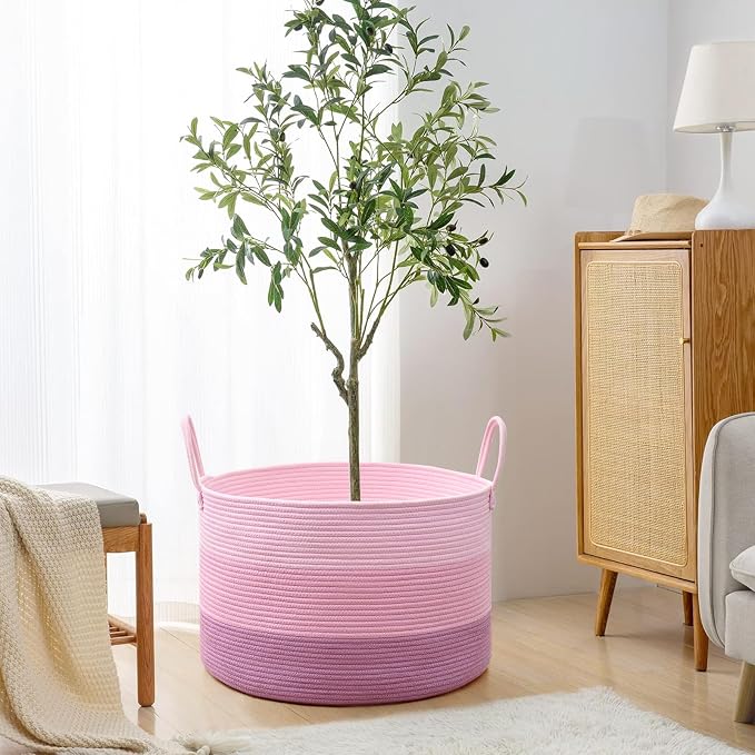 67L Large Woven Blanket Basket, Cotton Rope Baby Laundry Hamper with Handles, Kids Toy Basket for Classroom & Nursery, Soft Round Stuffed Animal Storage, Dog Toy Bin - 20"x13", Pink - Image 5