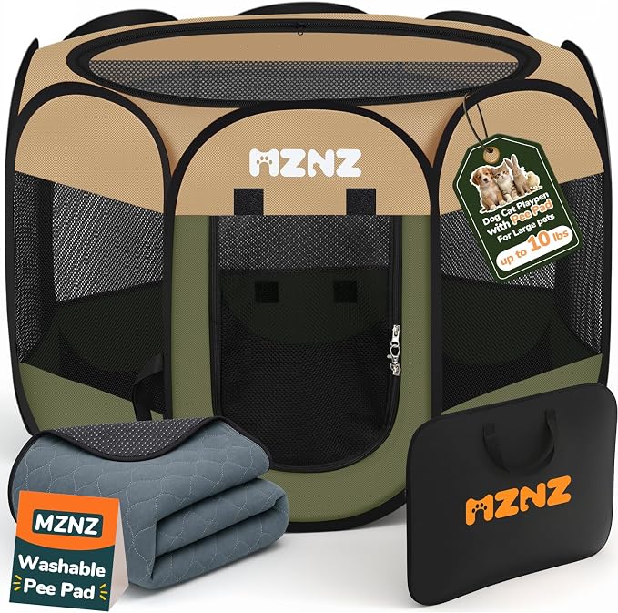 Dog Cat Small Animal Puppy Playpen with Pee Pad, Small, Olive Green | Portable Pop Up Pet Cage Enclosure Tent Kennel Indoor Outdoor with Carrying Case, No Assembly, Camping Use by MZNZ