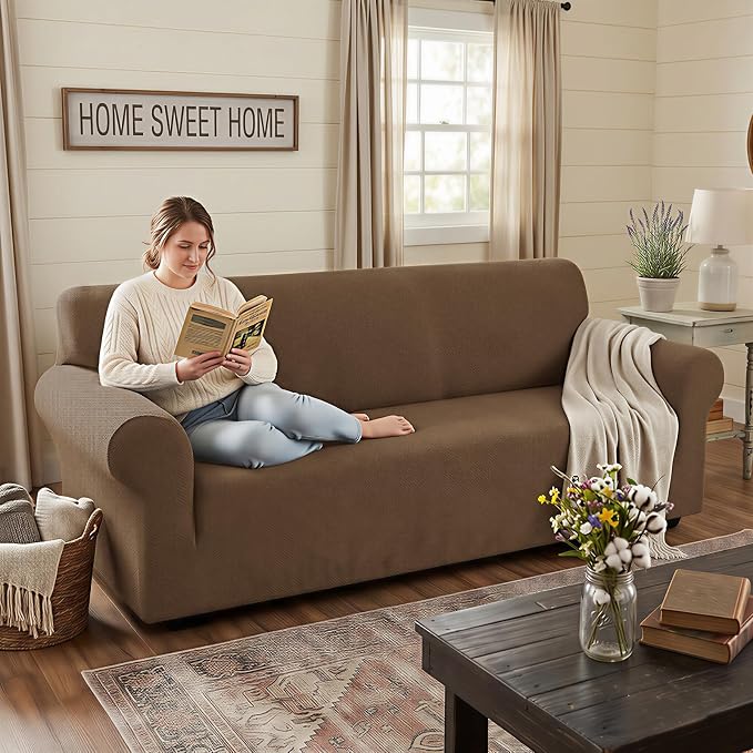 XINEAGE Stretch Jacquard XL Sofa Cover, Non Slip Sofa Slipcover for Dog | High-Stretch Fabric. Wear-Resistant, Pet Friendly. Easy Install & Washable for Living Rooms, Offices.Brown - Image 3