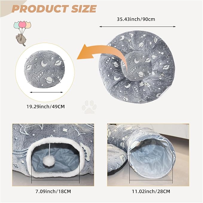 Large Cat Tunnels Bed Tube for Indoor Cats Under Christmas Tree Glows in The Dark Cat Tunnel with Cushion and Plush Ball Toy Longer Playground Toys for Dog Puppy Kitten Pet Gray - Image 5