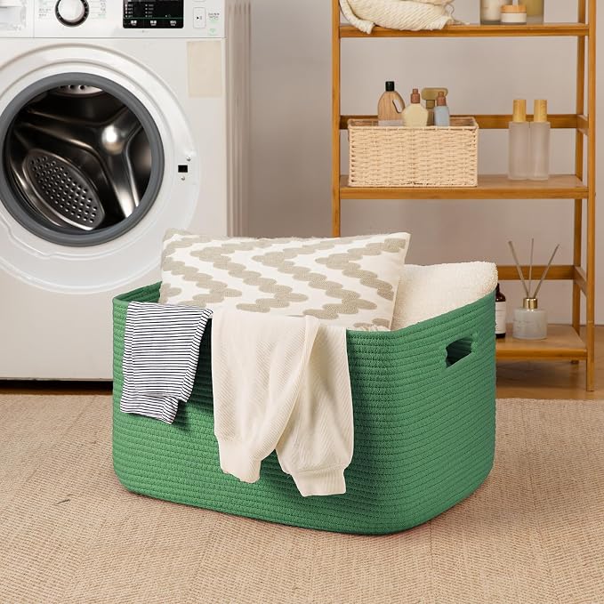 OIAHOMY 75L Large Blanket Basket, Woven Cotton Rope Baskets for Organizing 22”x17”x12”, Blanket Basket living Room, Toy Storage Bins for Nursery, Green - Image 7