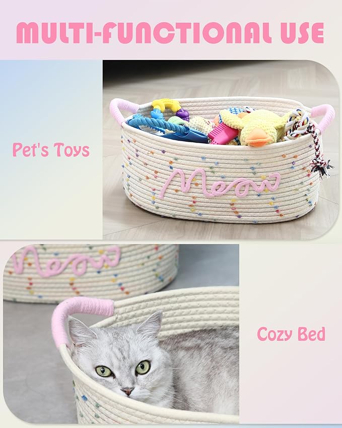 Sea Team Cat Toy Storage Basket with Handles, Rainbow Meow | Large Cotton Rope Storage Bin, Shelf Basket, Organizer for Pet Chew Toys, Foods, 16.5 x 11 x 7 Inches, 4.4 Gallons - Image 6