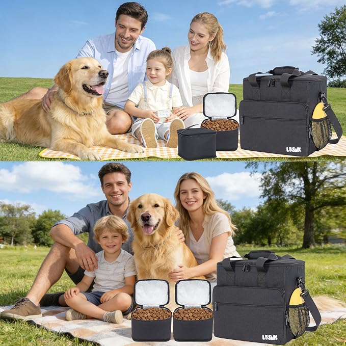 Dog Travel Bag, Large Pet Travel Set with Multi-Function Pockets | 2 Food Storage Containers, 2 Collapsible Bowls, 1 Feeding Mat for Pet Supplies, Road Trip Essentials, Weekend Camping, Black - Image 9