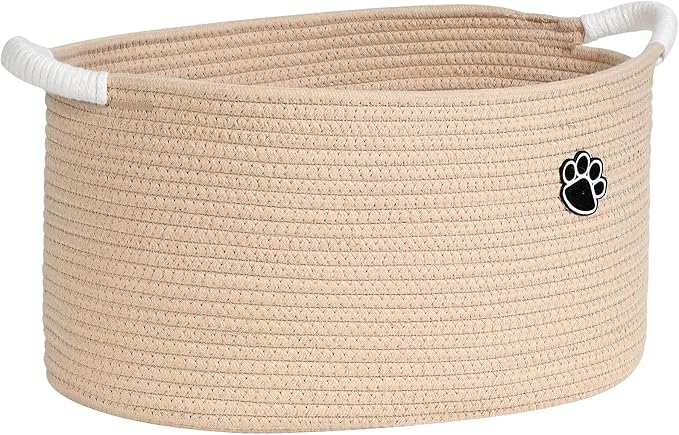 Optish 25L Medium Dog Toy Basket, Woven Rope Storage Baskets, Camel | 16.5" x 11" x 9" Toy Storage Box and Bin with Handles for Living Room, Bedroom Organization, Durable, Foldable, Home Decor by Optish