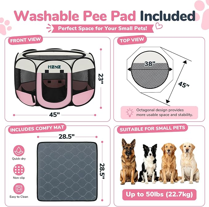 Dog Cat Small Animal Puppy Playpen Crate with Pee Pad, Large, Pink | Portable Pop Up Pet Cage Enclosure Tent Kennel Indoor Outdoor with Carrying Case, No Assembly, Camping Use - Image 2