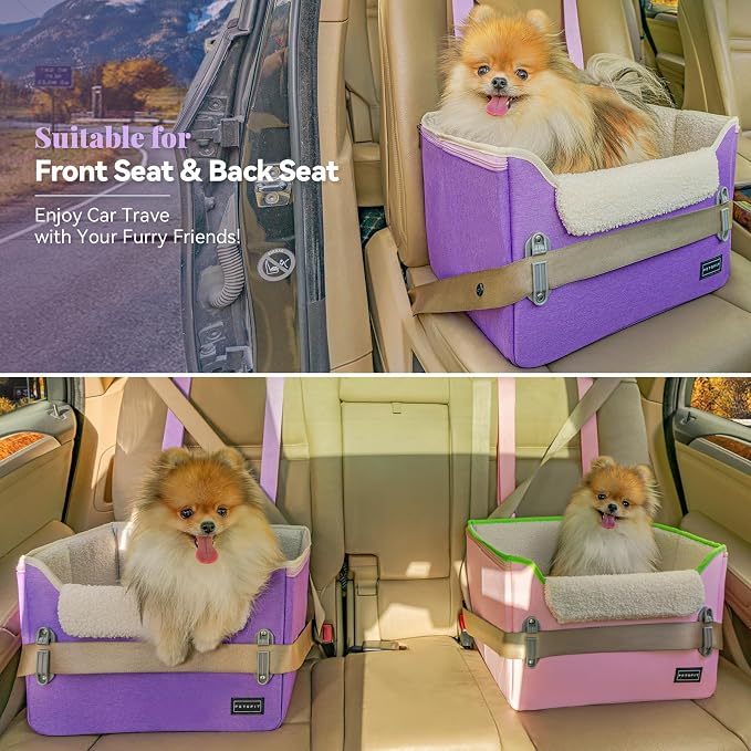 PETSFIT Small Dog Car Seat – Patented Safety Buckles – Safety Tether – Foldable Travel Dog Booster Car Seat Reduces Anxiety & Road Trips – Stable Frame, Soft Cushion, Fits Front/Back Seat (Purple) - Image 2