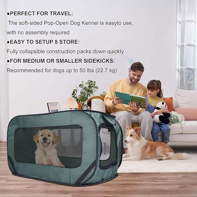 36 Inch Foldable Dog Kennel for Large Dogs, Portable Waterproof Pop-Up Pet Crate, Indoor Outdoor Travel Car Seat Kennel (Green) - Image 4