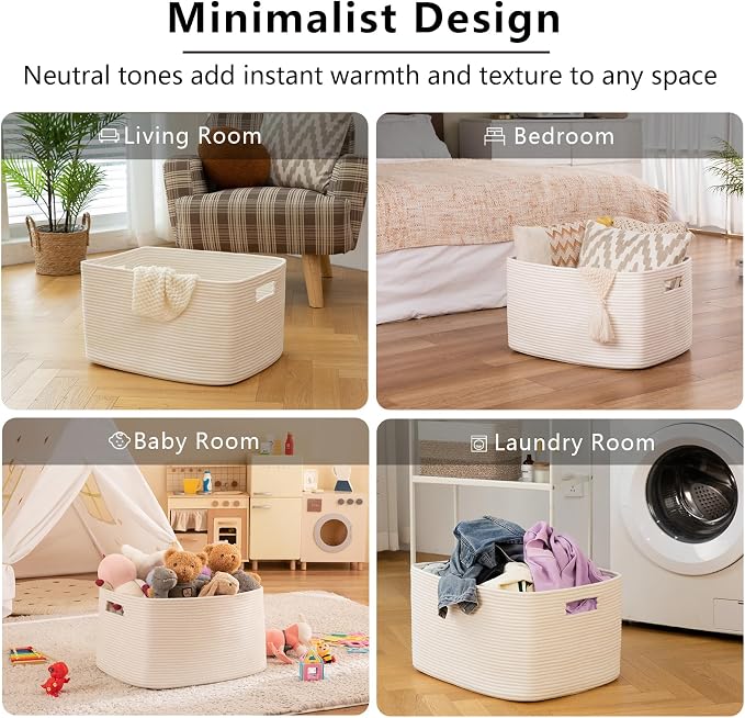 OIAHOMY 75L Large Blanket Basket, Woven Cotton Rope Baskets for Organizing, 22”x17”x12”, Blanket Basket living Room, Bedroom, Nursery, Dog Toy Storage Bins, White - Image 6
