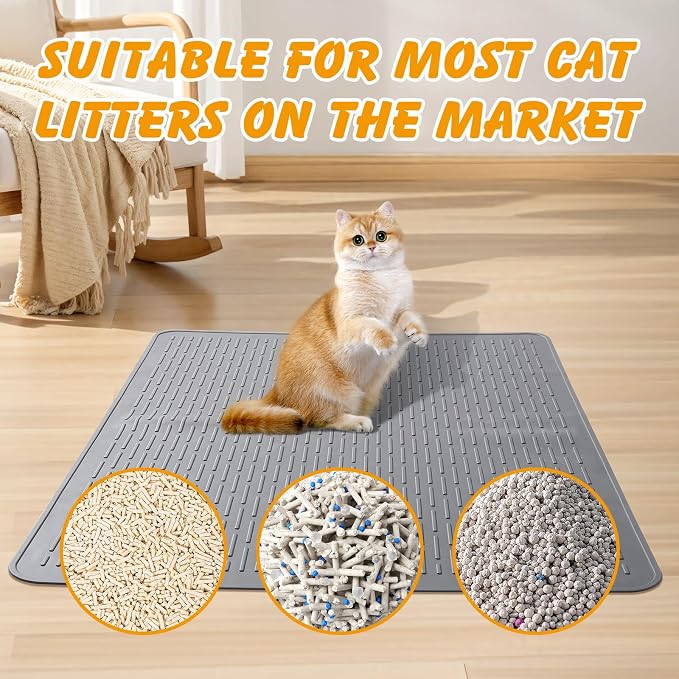Silicone Cat Litter Mat, Waterproof, Raised Edge, 28 x 20 in, Gray | Quick-clean silicone, leakproof floor protection, non-slip base, doubles as feeding mat - Image 8