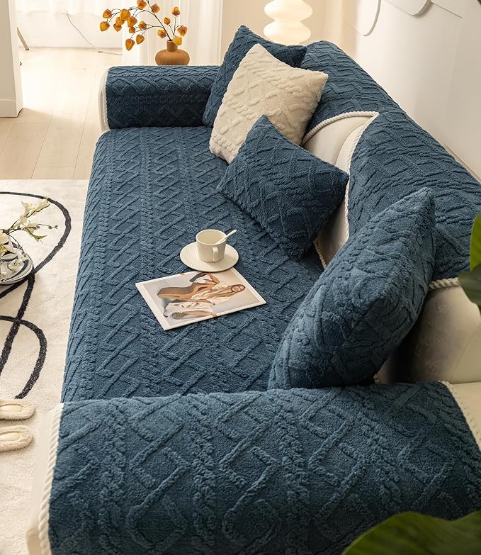 vctops Geometric Jacquard Plush Sofa Couch Covers Farmhouse Neutral Non Slip Sectional Couch Cover Soft Warm Sofa Slipcover for Dogs, Children, Pets Furniture Protector (Dark Blue,28"x70") - Image 5