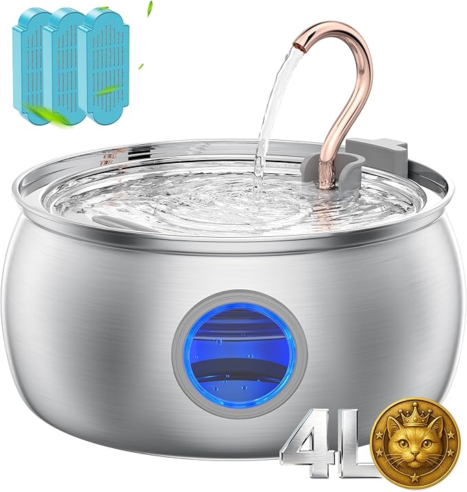 Cat Water Fountain Stainless Steel -135oz/4.0L Cat Fountain for Drinking | Ultra Quiet Pump, Easy to Clean, Come with 3 Filters, Pet Watering Bowl Dispenser for Cats, Dogs, Multiple Pets by TOMXCUTE