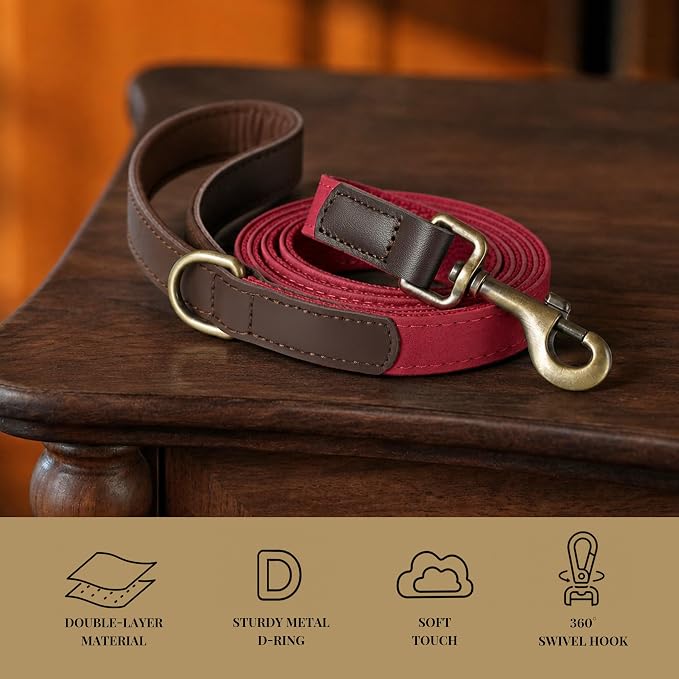 PU Leather Dog Leash for Small Dogs, 5ft Soft Padded Handle, Red | Comfortable Grip for Daily Walking Training, Full Control, Metal D-ring, Tangle-Free 360° Swivel Clasp, Easy to Clean, 5/8in - Image 4