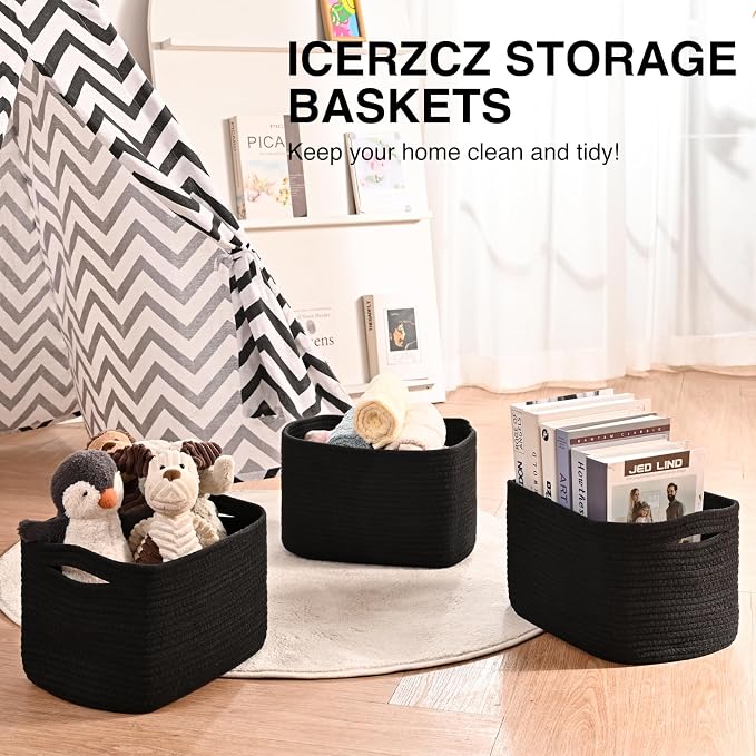 ICERZCZ Black Storage Baskets for Shelves, Small Storage Baskets for Organizing, Woven Cotton Rope Baskets for Storage, Book Basket, Decorative Shelf Basket, 12.5"Lx9.1''Wx7.9''H (4 Packs) Black - Image 6