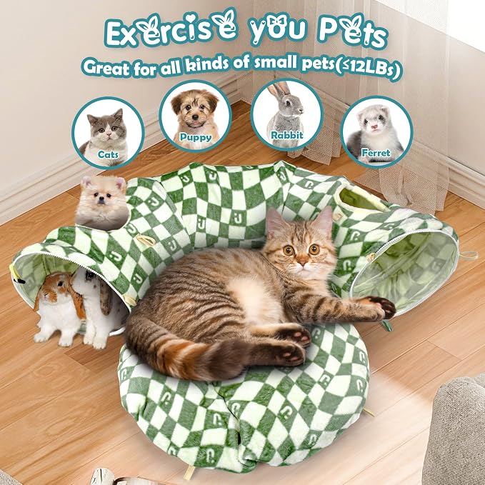 Cat Bed and Tunnel Toy - Cat Donut with Straight Tunnel, Washable Cushion, 4 Hanging Balls, 6 Peek Holes, Collapsible, Green - Image 7