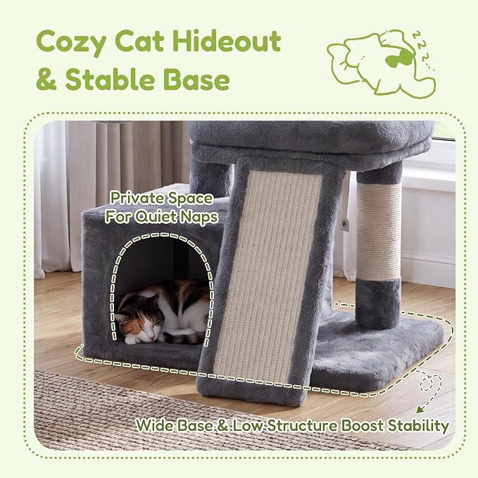 Heybly Cat Tree, Multi-Season Stable Cat Activity Tower, HCT207SW | Wooden Top Platform Cat Tower, Soft Plush Perch, Sisal Scratching Board, Cat Basket & Cozy Kitten Cat Condo, Light Gray - Image 2