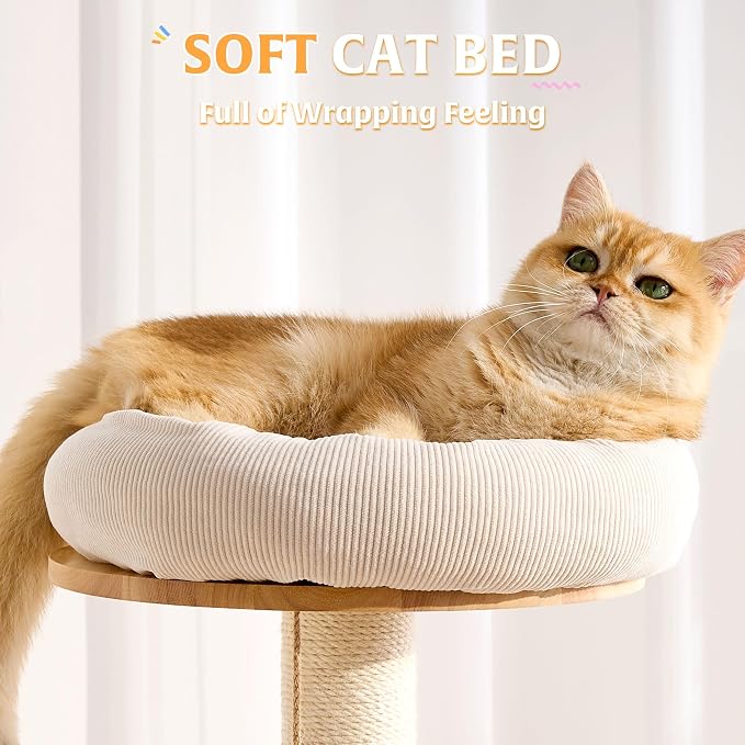 Solid Wood Cat Tree Tower with Scratching Post, 61 Inches Tall Cat Towers with Capsule and Condo, Modern Cat Tower with Hammock and Removable Top Bed for Indoor Cats.White - Image 5