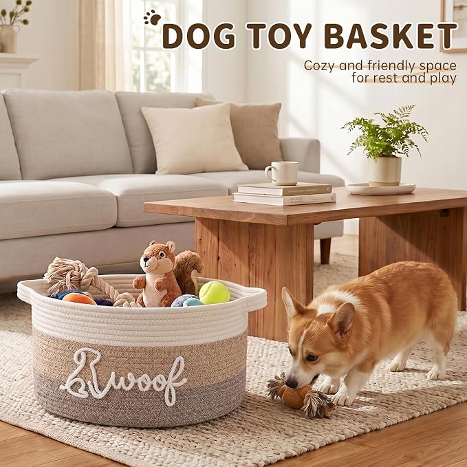 OIAHOMY 22L Large Dog Toy Basket, 16.5"x11.4"x9" Cotton Rope Basket with Cute Woof Embroidery, Soft Woven Pet Toy Box with Handles for Blankets, Leashes & Puppy Accessories, Decorative Organizer Brown - Image 2