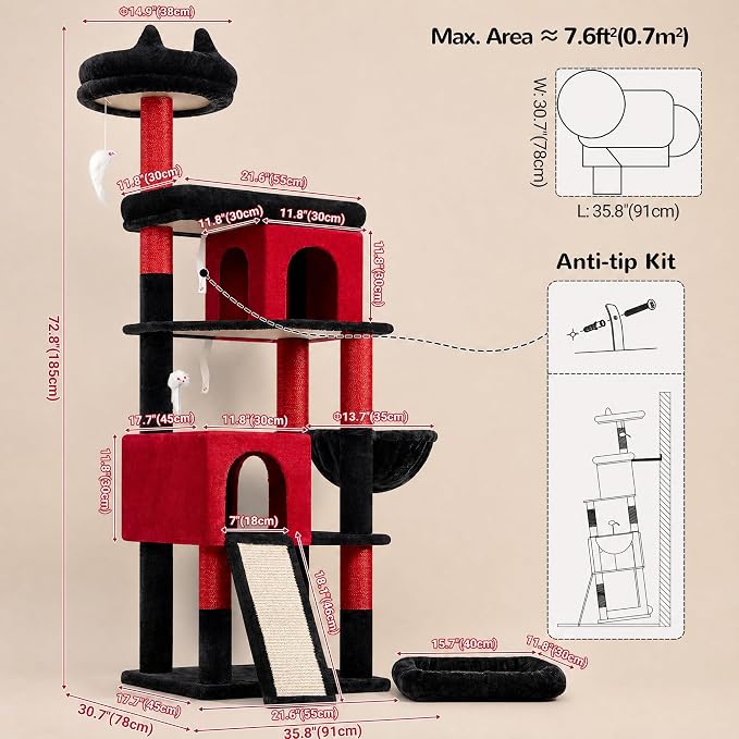 Globlazer Heavy Duty Gothic Cat Tree, 72in Large Cat Tower with Coffin Bed, Sturdy Maine Coon Cat Tree for Large Cats 20 lbs+, Medieval Castle Style with 6 Scratching Posts & Hammock, S72, Black & Red - Image 7