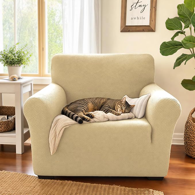 XINEAGE Stretch Jacquard Armchair Cover, Non Slip Sofa Slipcover for Dog | High-Stretch Fabric. Wear-Resistant, Pet Friendly. Easy Install & Washable for Living Rooms, Offices.Beige - Image 3