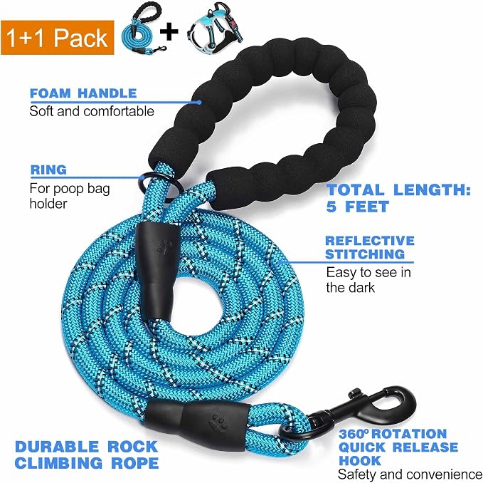 tobeDRI No Pull Dog Harness Adjustable Reflective Oxford Easy Control Medium Large Dog Harness with A Free Heavy Duty 5ft Dog Leash, Blue/Grey, XL - Image 2