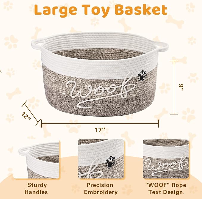 30L Woof Dog Toy Basket with Handles, Large Dog Toy Storage Bin with Paw Print, Woven Dog Basket for Blankets, Toys, Chews, Pet Toy Box for Nursery, Living Room, Bedroom, 17”x12”x9, Brown - Image 3