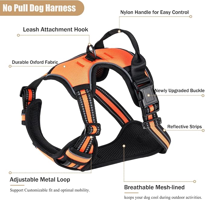 No Pull Dog Harness, Adjustable Reflective Front Clip Pet Vest with Easy Control Handle for Medium Large Dogs (Orange,XL) - Image 2