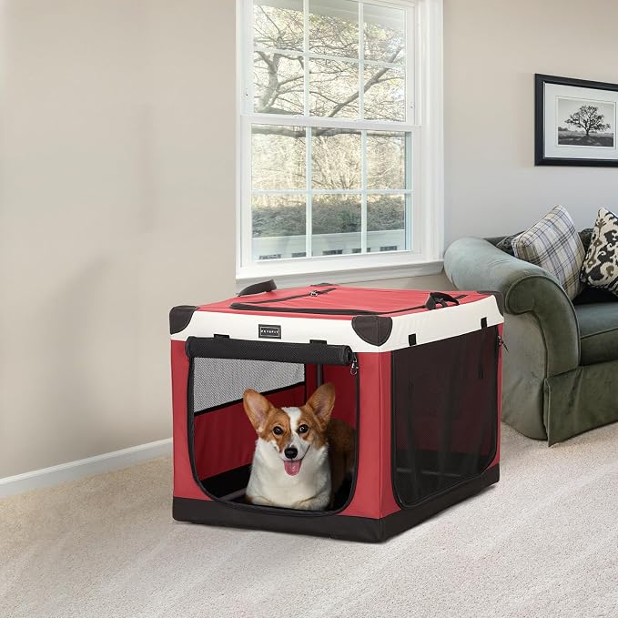 PETSFIT 30" Soft Portable Dog Crate – Patented Spiral Sturdy Frame, Collapsible Travel Kennel for Medium Dogs, 3 Mesh Door, Lockable Zippers, Indoor & Car Use Red - Image 9
