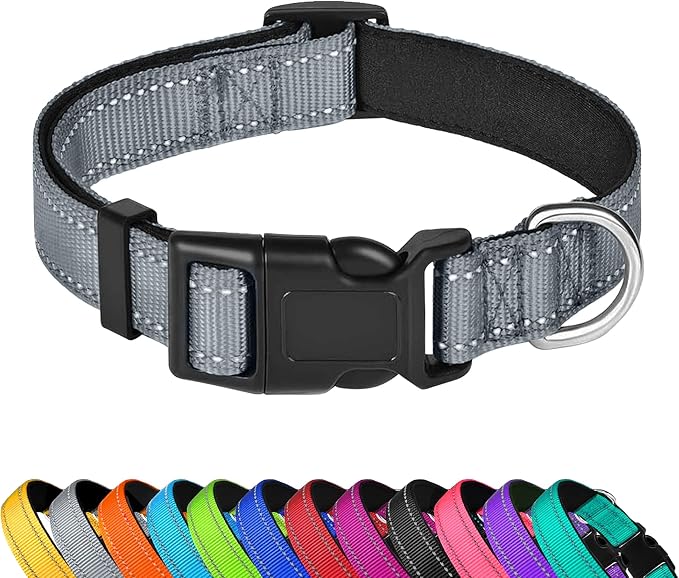 Reflective Dog Collar, Adjustable Soft Neoprene Padded,Gray,S | Breathable Nylon for Small Dogs,Tear-Resistant Webbing,Chafe‑Free on Walks and Hikes,Metal D-Ring,Night Safety by PWOD