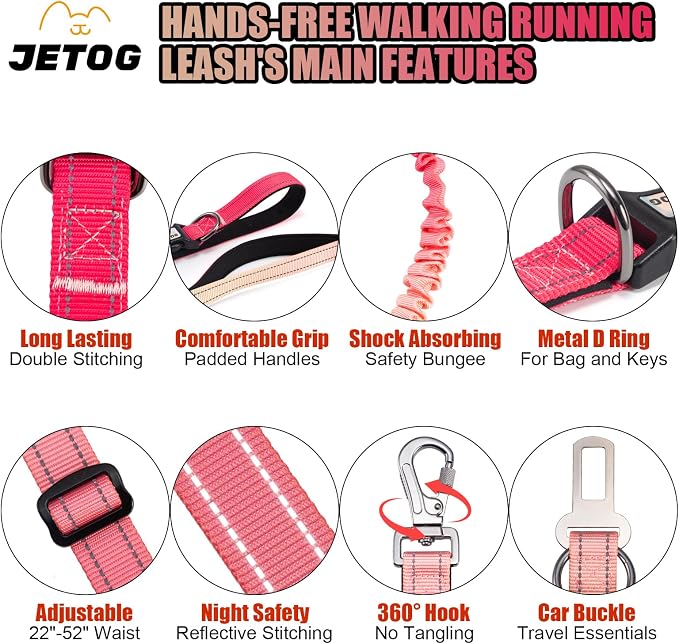 Heavy Duty Hands Free Dog Leash, 5-7 FT Reflective Adjustable Waist Dog Leash Belt with Padded Handles, Shock Absorbing Bungee and Car Seat Belt for Large Medium Dogs (Gradient Rose, XL) - Image 3