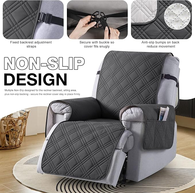 TAOCOCO 100% Waterproof Recliner Chair Cover Stay in Place, Recliner Covers for Small Recliner Chair with Pocket, Reclining Chair Cover Furniture Protector for Kids, Pets(20'', Charcoal Gray) - Image 6