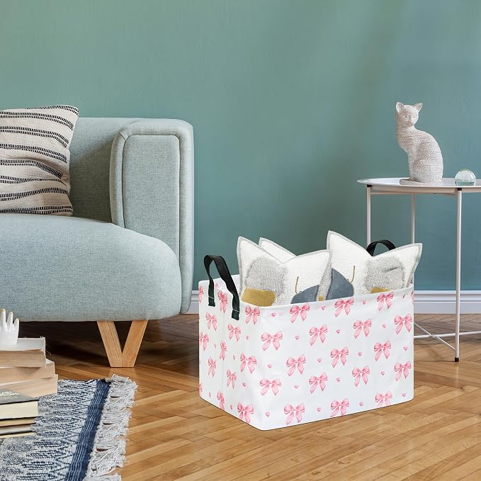 Pink Bow Canvas Storage Basket Waterproof Laundry Hamper with Leather Handles Collapsible Decorative Bin for Girls Bedroom Toys Clothes Gift Giving - Image 7