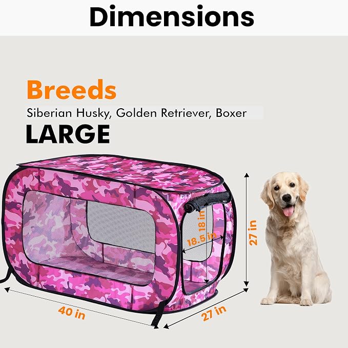 Portable Collapsible Pop Up Kennel, 40" L x 27" W x 27" H, Camo Pink | Collapsible indoor/outdoor travel cat and dog crate with mesh screen windows pops up and folds flat for easy storage - Image 2