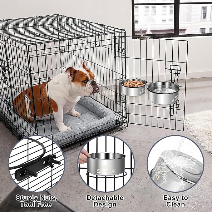 Kennel Bowls Mountable in Crate Kennel Cage (6.2x2.6” & 5.5x2.4”) | 34oz & 25oz Stainless Steel Dogs Bowls, Dog Food and Water Bowl for Dog Crate, 2 Pack, Silver - Image 6