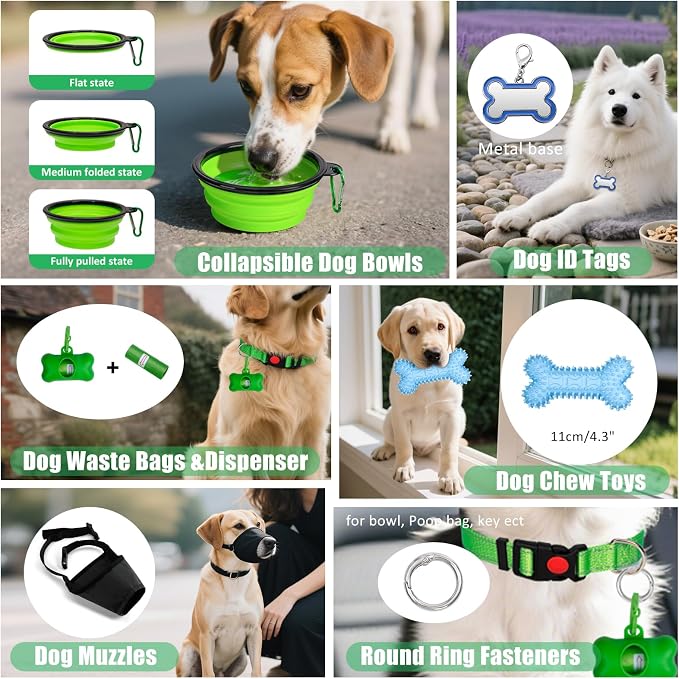 No Pull Dog Harness Adjustable Collar & Leash Set - Dog Halter Harnesses Collapsible Bowls & Poop Bag Dispenser Muzzle ID Tags Toys Fits Small Medium Large Dogs (Green-M) - Image 7
