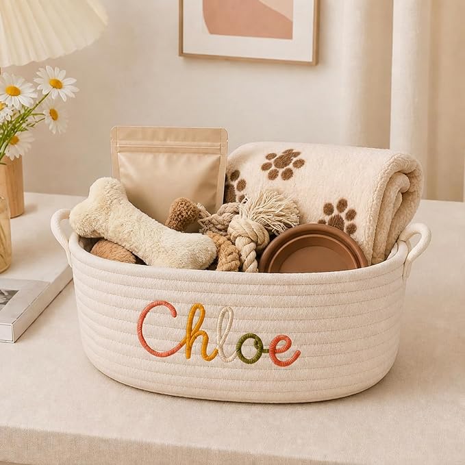 Personalized Cotton Rope Cat Toy Basket with Embroidered Name | Custom Cat Toy Basket with Handles, Soft Puppy Toy Basket, Pet Supplies, Gift for Dog Lovers,4 Colors - Image 4