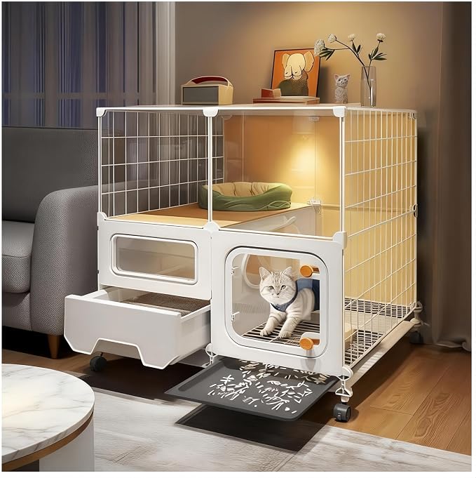 cat cage Indoor with Litter Box, Complimentary Bed, Bowl,Cleaning Three Piece Set,Large cat Enclosure, Cat House with Wheels Outdoor,Small Animal Cage cat Kennel (28″(L) x18.1″(W) x32.3″(H) by Unknown