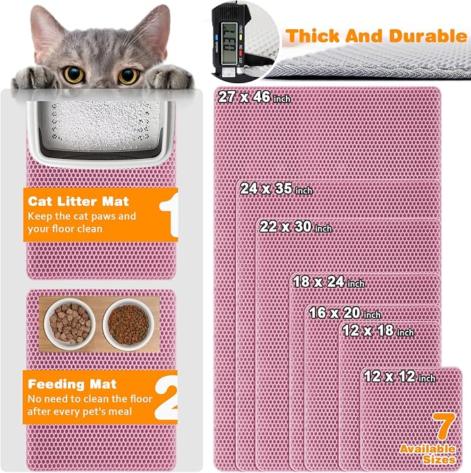 Cat Litter Mat 16"x20",Double Layer EVA litterbox Mat, Pink | Waterproof honeycomb large grid, urine-proof and odor-free. Traps litter, easy cleanup,Washable, non-slip backing - Image 2
