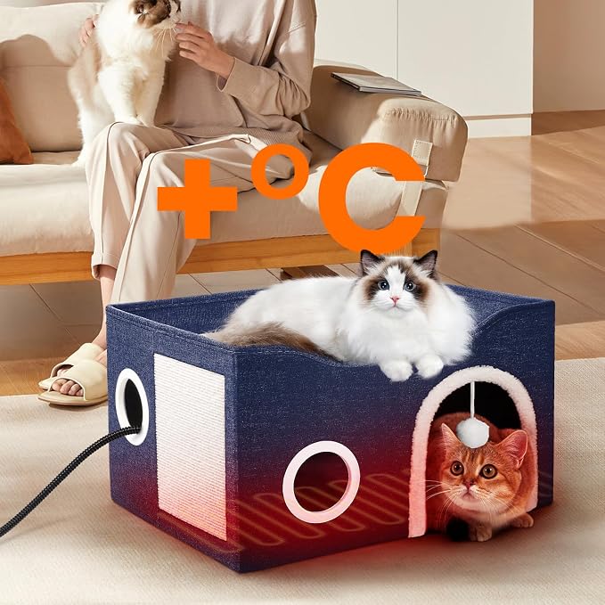 Indoor Heated Cat House, Adjustable Temperature Cat Heating Bed with Timer and Chew Resistant Cord, Large Cat House with Heating Pad for Small Medium and Large Cats - Image 8