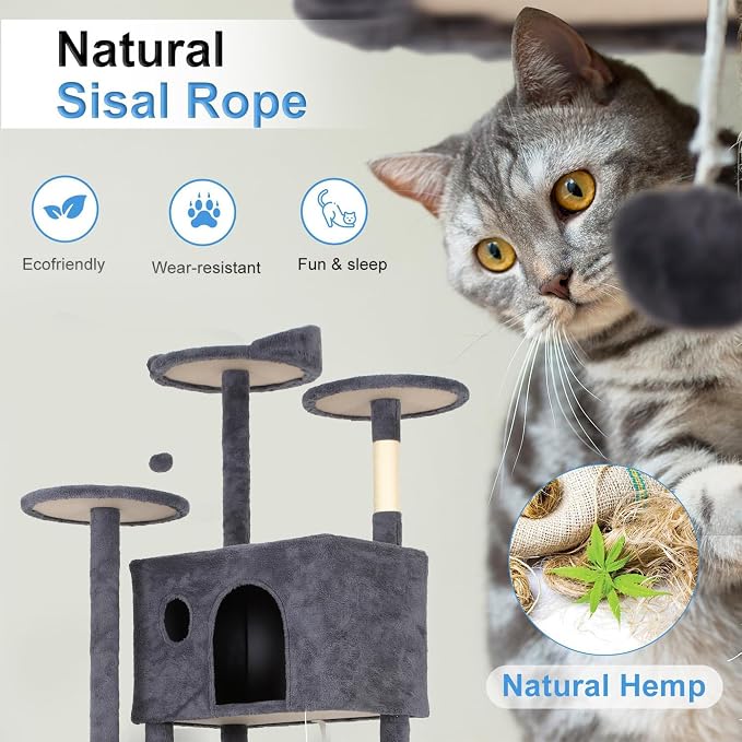 FDW | 81" Cat Tree Tower | Dark Gray | Multi-Level Indoor Activity Center with Sisal Scratching Posts, Condos, Plush Perches, Hanging Cat Toys | Sturdy, Easy to Assemble | for Kittens & Adult Cats - Image 4