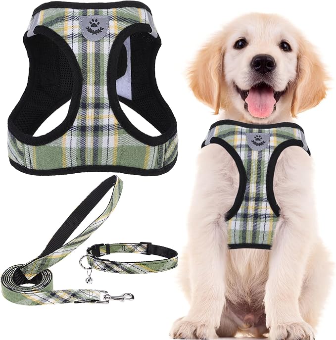 PUPTECK Dog Harness, Collar and Leash Set No Pull for Small Medium Sized | Plaid Puppy Step-in Escape Proof Reflective No Choke Pet Cat Adjustable Walking Vest by PUPTECK