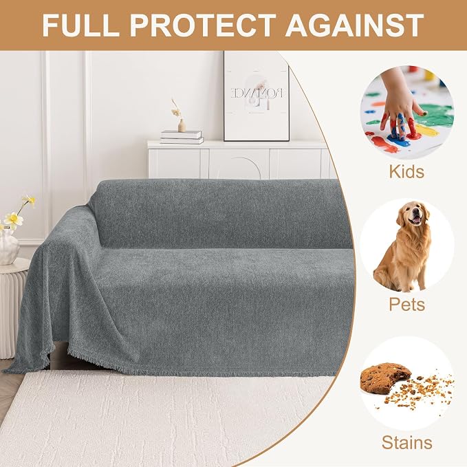 Smiry Couch Cover for Dogs, Chenille Sofa Covers for 3 Cushion Couch | Washable Soft Sofa Slipcover for Pets, Thick Sectional Furniture Protector with Tassels (Grey, 88.5x118 Inch) - Image 3